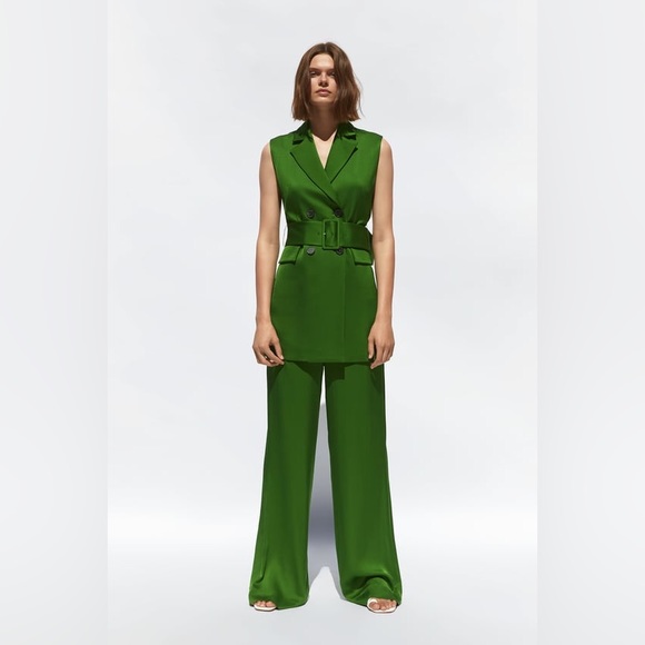 Zara Jackets & Coats Zara Green Satin Finish Belted Waistcoat Vest